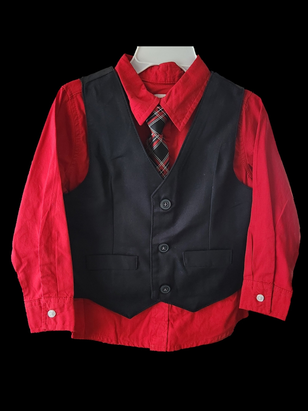 Boys' 2T Red Dress Shirt with Black Vest & Plaid Elastic Neck Tie Matching Set